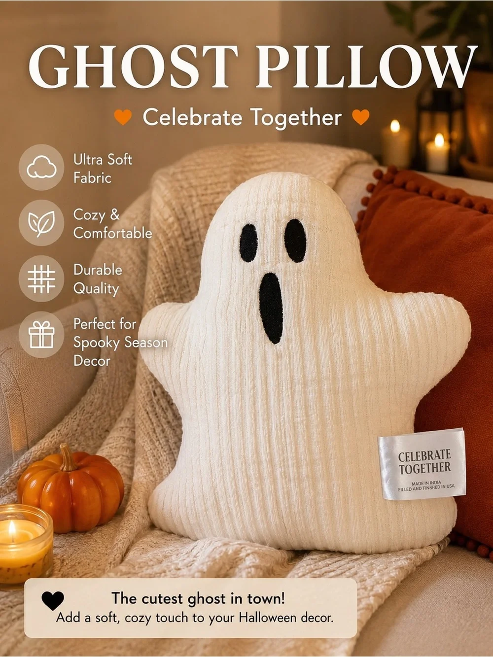 Celebrate Together Cream Ghost Pillow - Cozy Halloween Accent